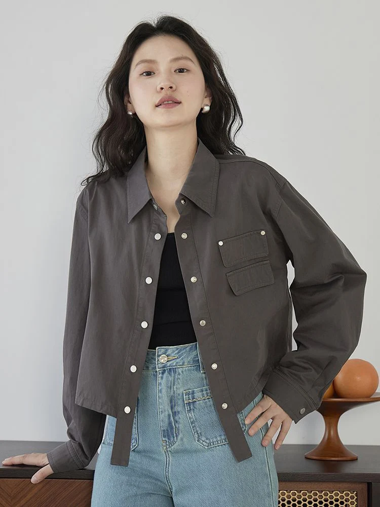 Zoki American Y2K Cargo Jacket Women Fall Casual Long Sleeve Vintage Short Coat Harajuku Turn Down Collar New Solid Hip Hop Tops