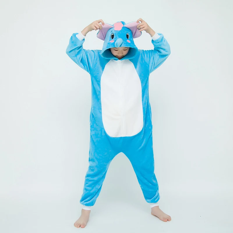 Kigurumi Kids Cute Blue Elephant Animal Cartoon Pajamas Children Sleepwear Girls Boys Onesies For Christmas Halloween Party