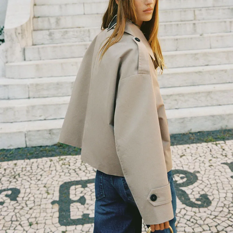 Simple Loose Double-Breasted Short Coat Collar Autumn New Arrival Women's Fashion Outerwear Long Sleeve Casual Style
