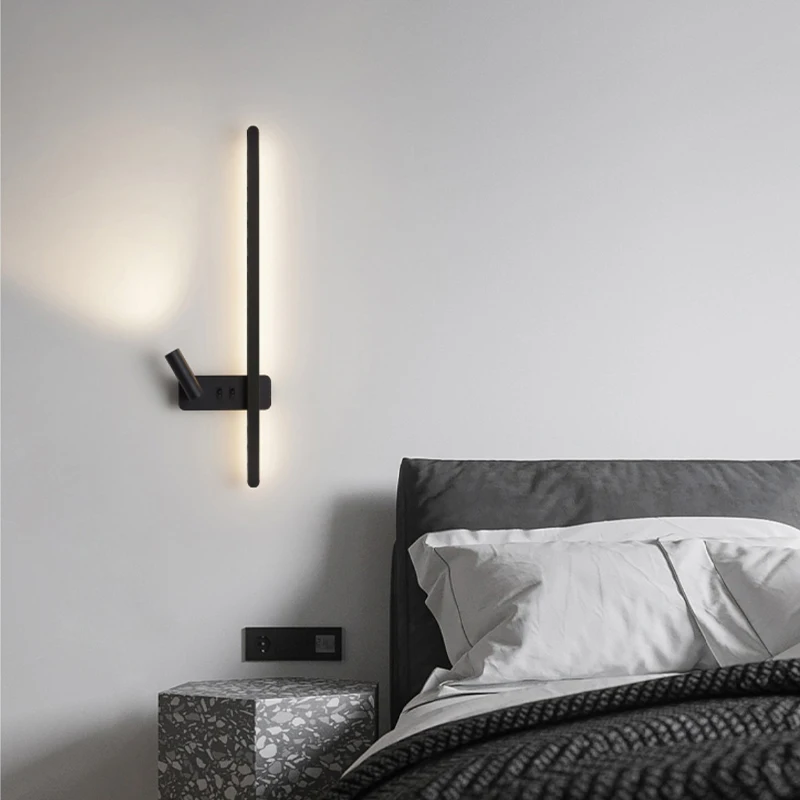 

Minimalist Black White Long Strip Wall Lamp with Switch Modern Nordic Living Room Bedroom Rotatable LED Reading Light Fixture