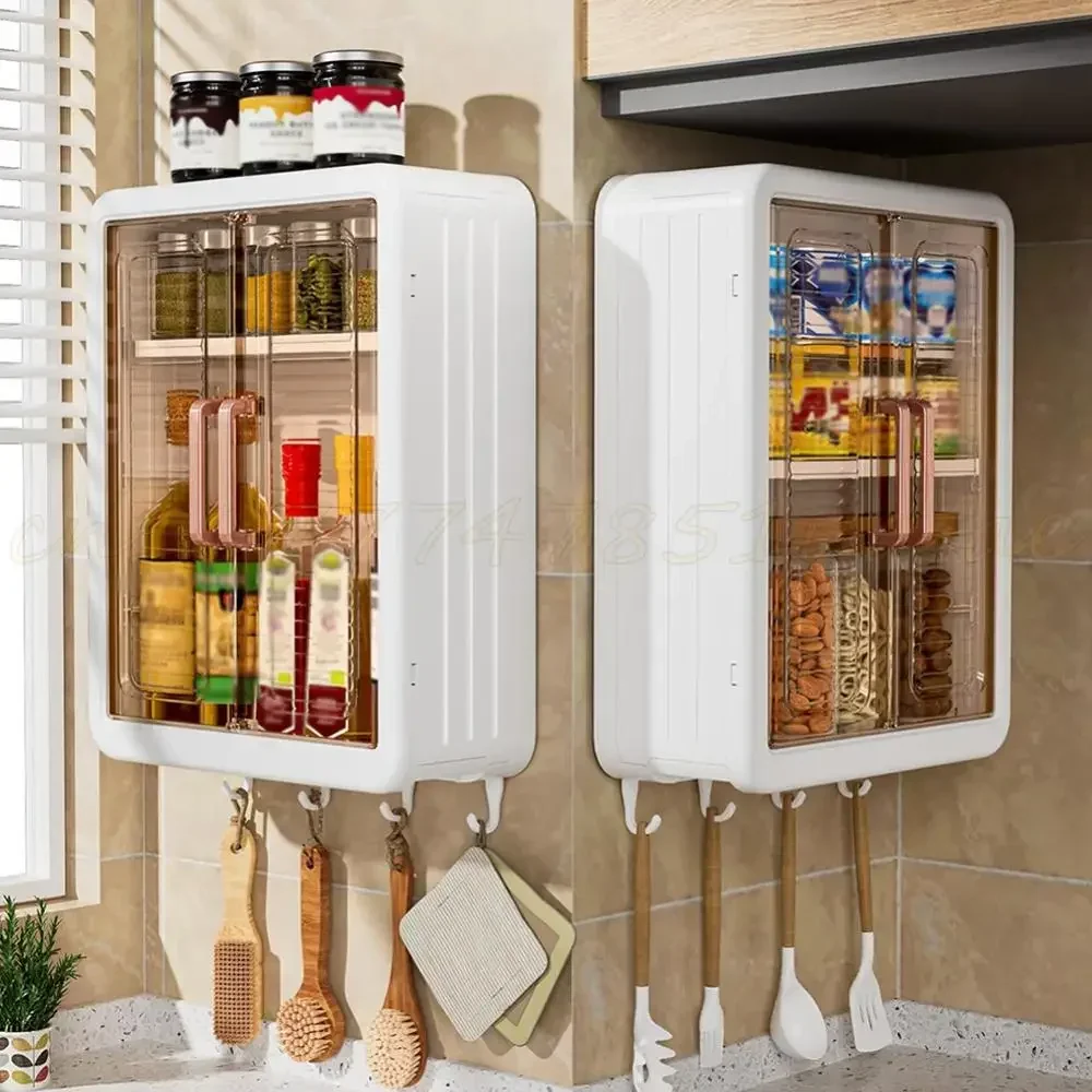 

Condiment Storage Cabinet Multifunctional Seasoning Storage Shelf Multi Layer Bathroom Organizer with Hooks Kitchen Accessories
