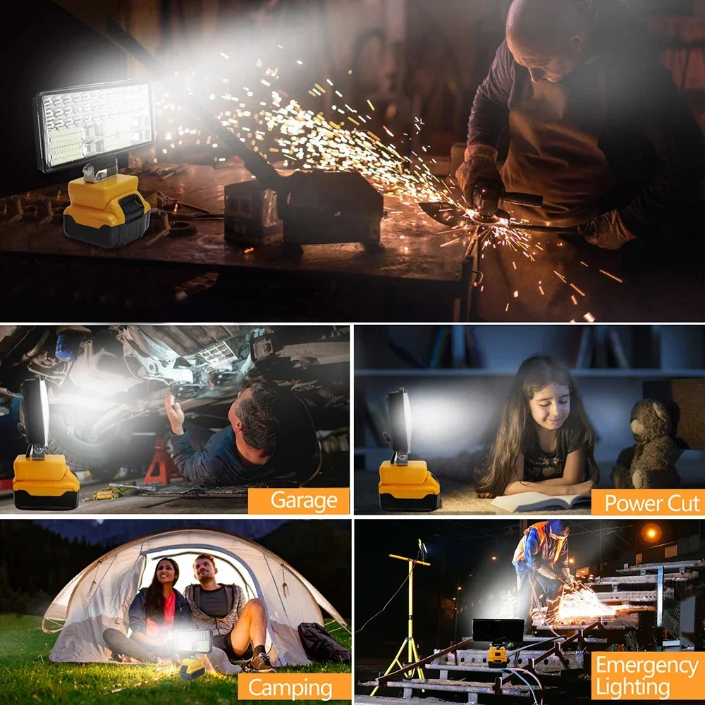 8 Inch Car LED Working Light Flashlight Electric Torch Spotlights For Dewalt DCB206 18V 20V Li-ion Battery Type C USB Power Bank