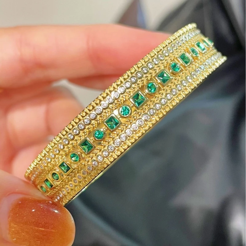 Bellux 925 Silver Gold Plated Bracelet Vintage Italian Style Brushed Hollow out Full Diamond Synthetic Muzo Emerald Bangle