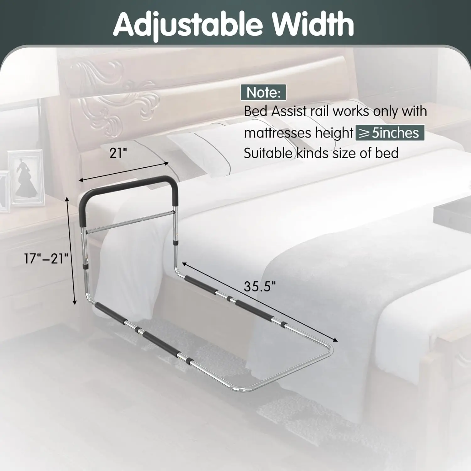 Bed Rail for Elderly Adults Bedside Fall Prevent Grab Bar for The Senior Height Adjustable Bed Assist Rail Fits King Que