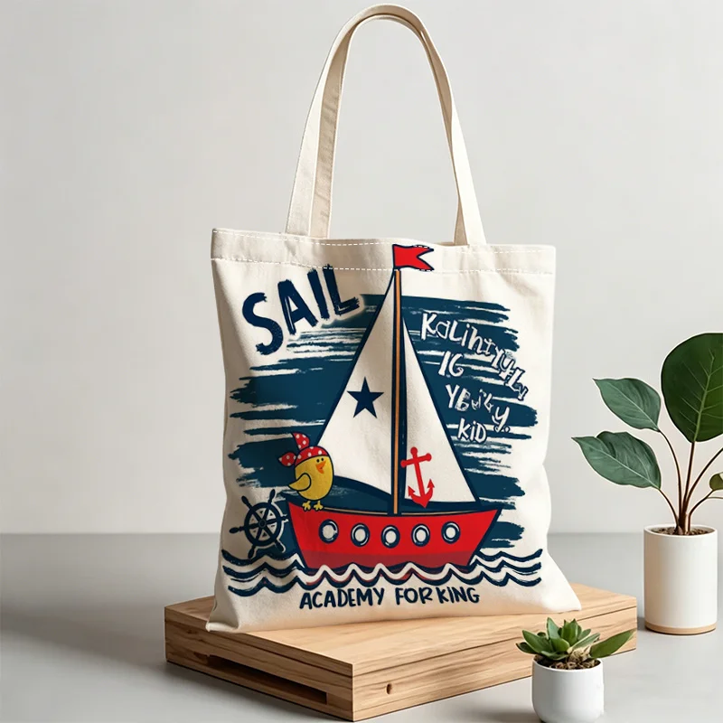 Casual Tote Bag Nautical Sailboat Print Versatile Shopping Bag Everyday Carry All for Travel Vacation and Beach Outings