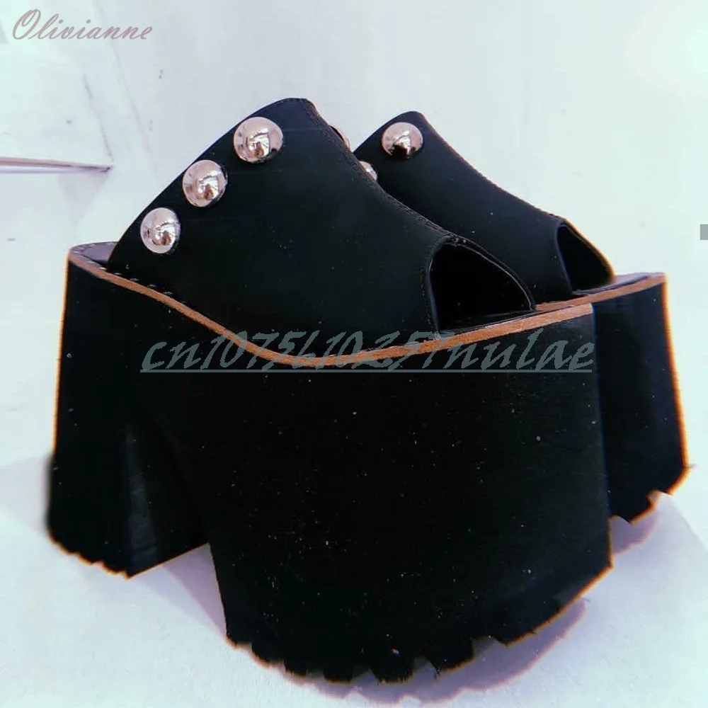 

Metal Round Rivets Decor Open Toe Slippers Black Thickness Chunky High Heel Slip-on Fashion Retro Style 2026 Women Shoes Party