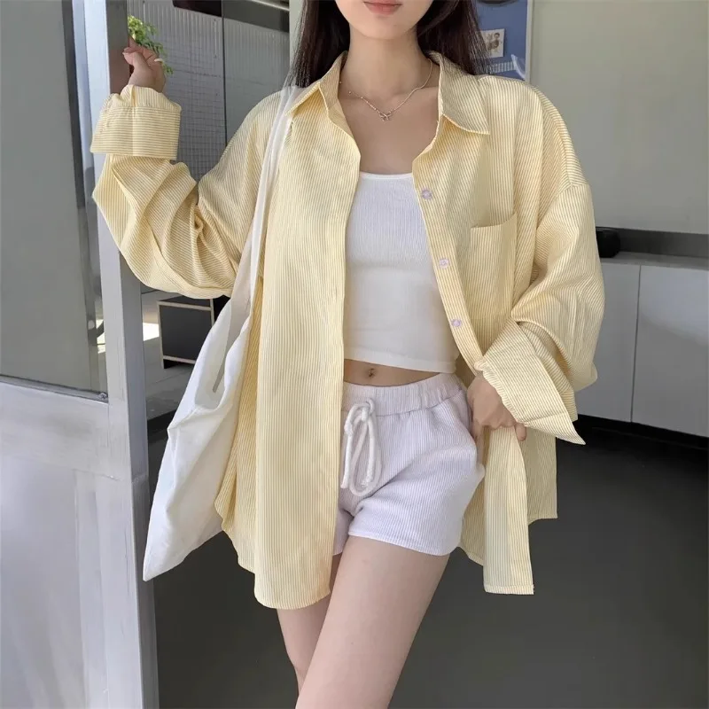 

Женская полосатая рубашка, весна-лето, женские блузки с длинными рукавами и лацканами, винтажная уличная одежда, повседневные женские свободные однобортные топы