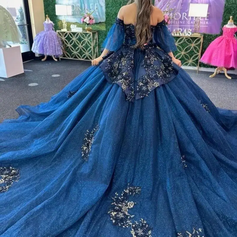 Customized Shiny Navy Blue Off Shoulder Ball Gown Quinceanera Dresses Sweet 16 Princess Applique Lace Beads Prom Gowns