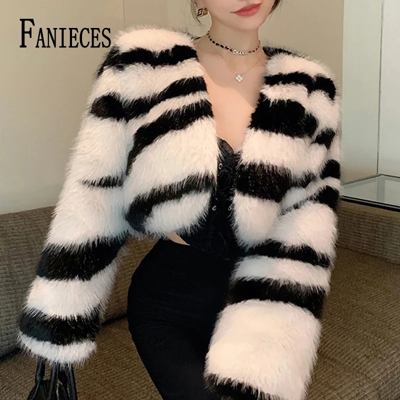 

FANIECES Fluffy Faux Fur Women Short Coat Cardigan Tops Y2K Zebra Striped Print Fake Fur Crop Jackets Fashion Winter Streetwear