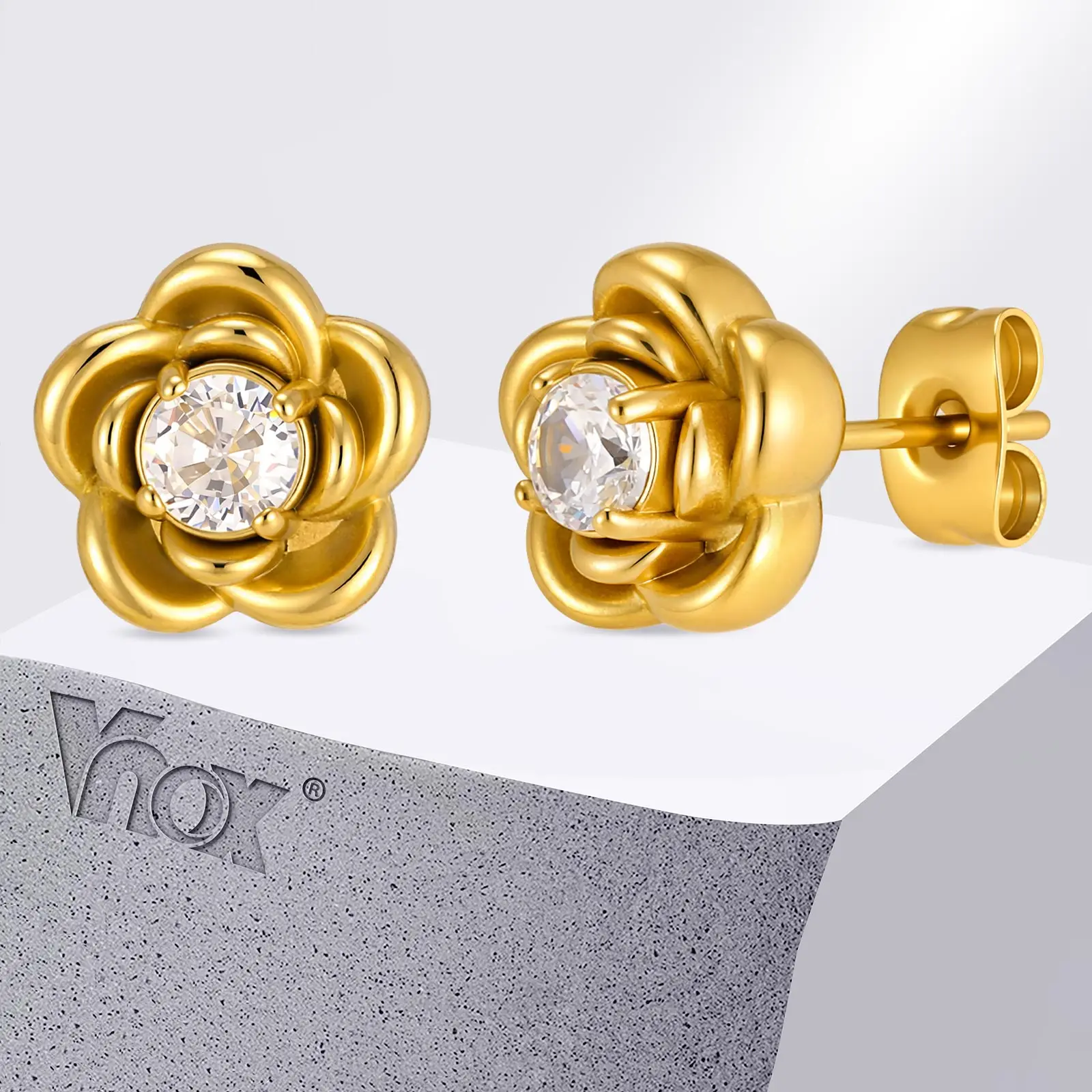 

Vnox Luxury Cubic Zirconia Gold Plated Earrings for Women Trendy Rose Stud Earrings Jewelry Gift Daily Party Anniversary Gifts