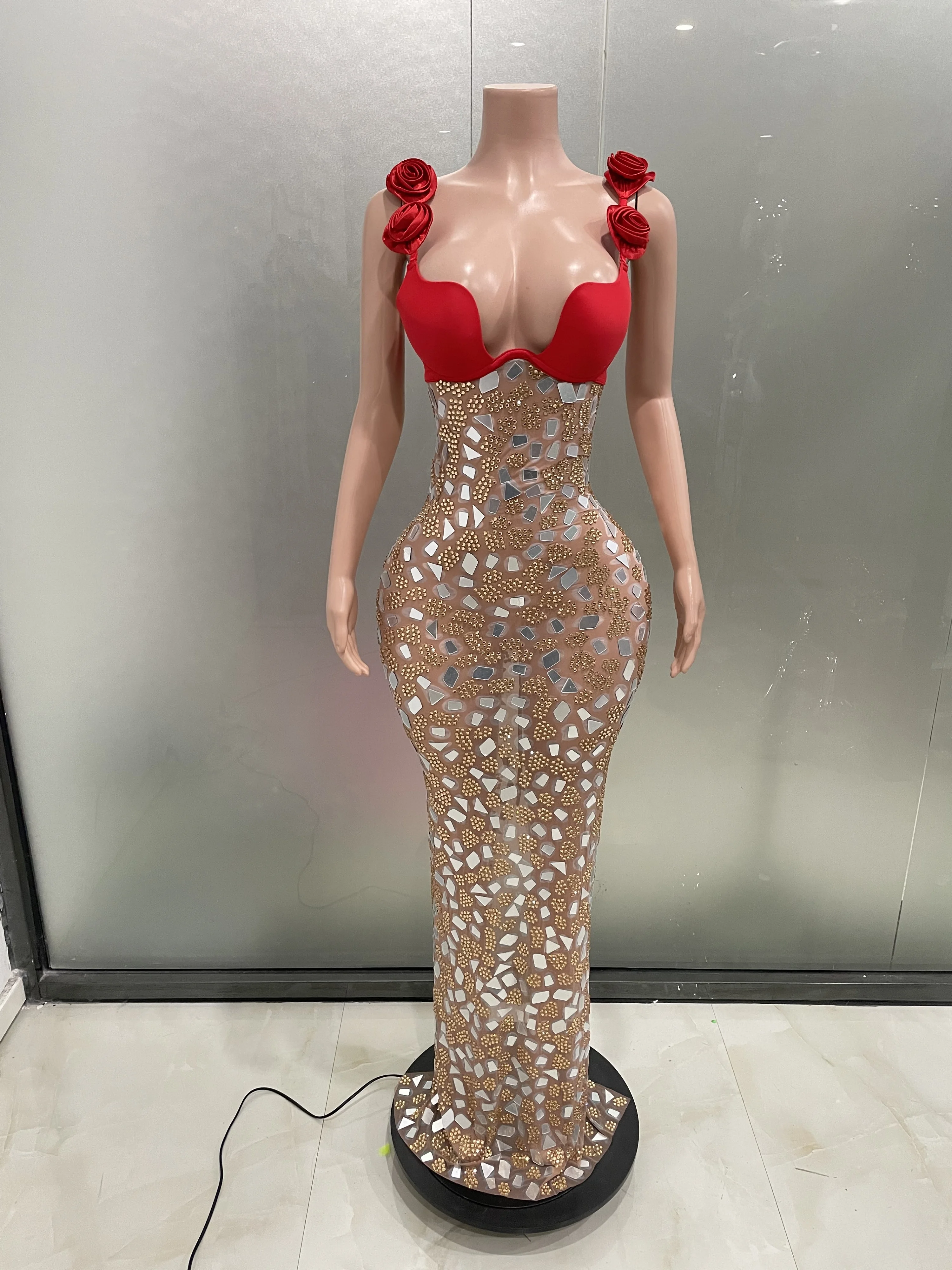 Sexy Sparkly Rhinestones Mirrors Red Roses Women Evening long dresse Elegant Mesh Dress Party club Show Red carpet Outfit