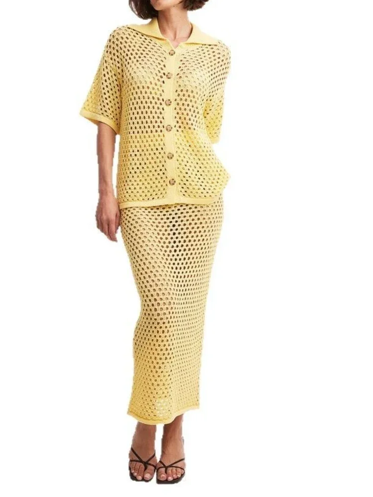 เสื้อผ้าผู้หญิงฤดูร้อนใหม่ชุดลําลองชุดแฟชั่นตาข่าย Fishnet Beach เสื้อถักกระโปรงยาวชุดจับคู่สําหรับสตรี