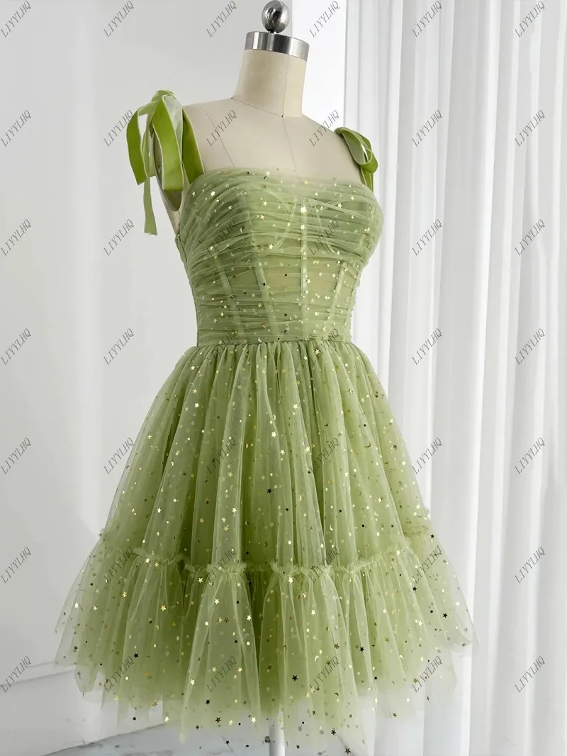 

LIYYLHQ Green Tulle Knee Length Prom Dress Shiny A-Line Sequined Homecoming Dress Women Birthday Dress Mini Formal Party Gowns