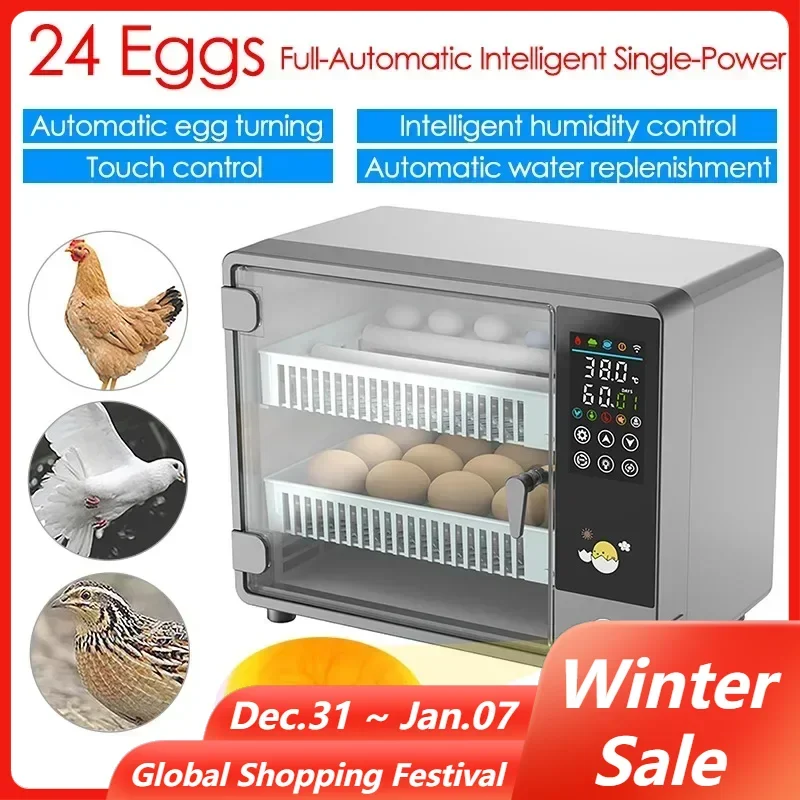 24 Eggs Incubator Full-Automatic Touch Intelligent Temp Control Hatching Brooder Farm Chicken Goose Duck Bird Egg Incubator