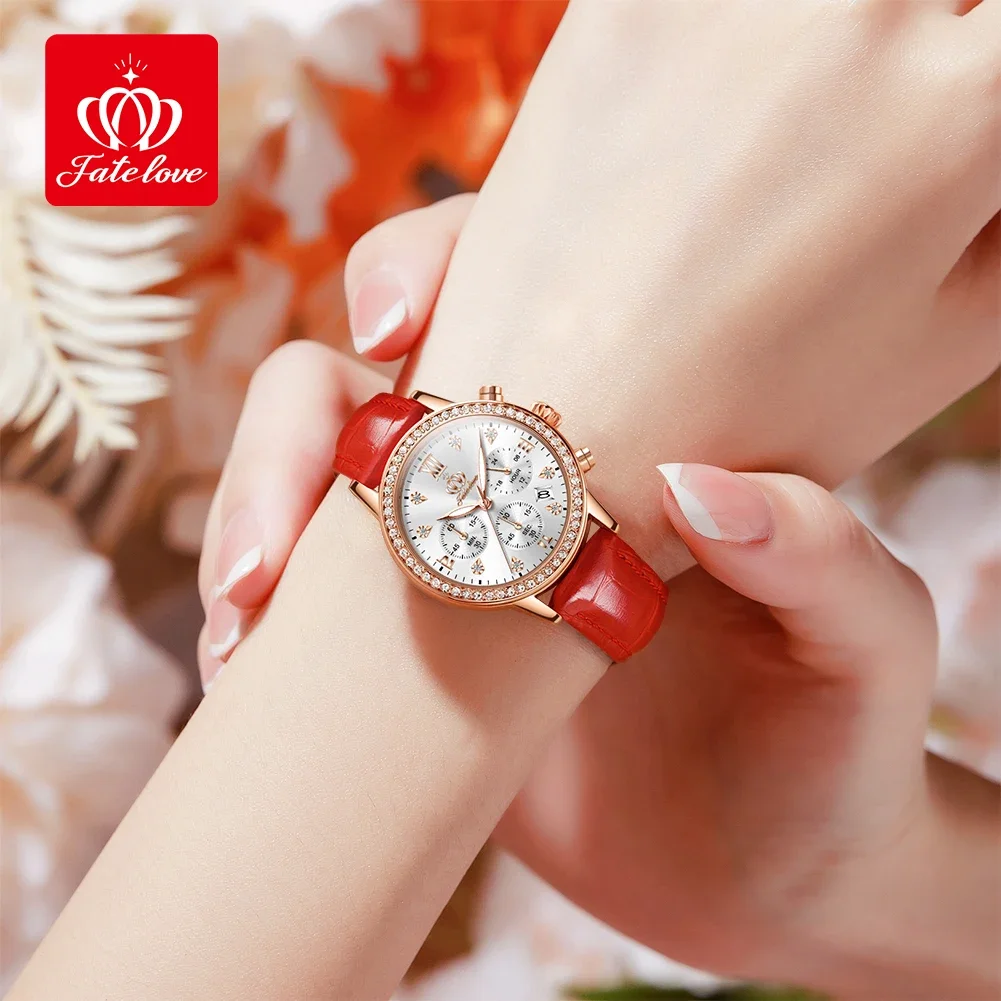 Fate Love 881 Luxury Quartz Watch For Women Waterproof Luminous Leather Strap Wristwatches Chronograph Original Women's Watches