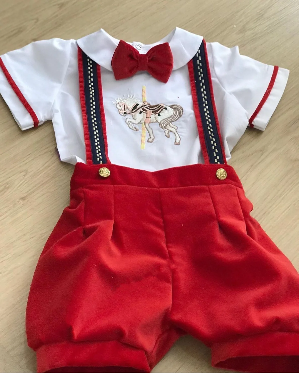 Baby Boy Set Autumn Winter Red Velvet Horse Embroidery Vintage for Eid Causal