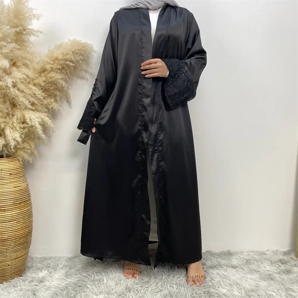 

Fashion Embroidered Robe Muslim Women Islamic Turkey Dubai Splicing Cardigan Dress Abaya with Pockets