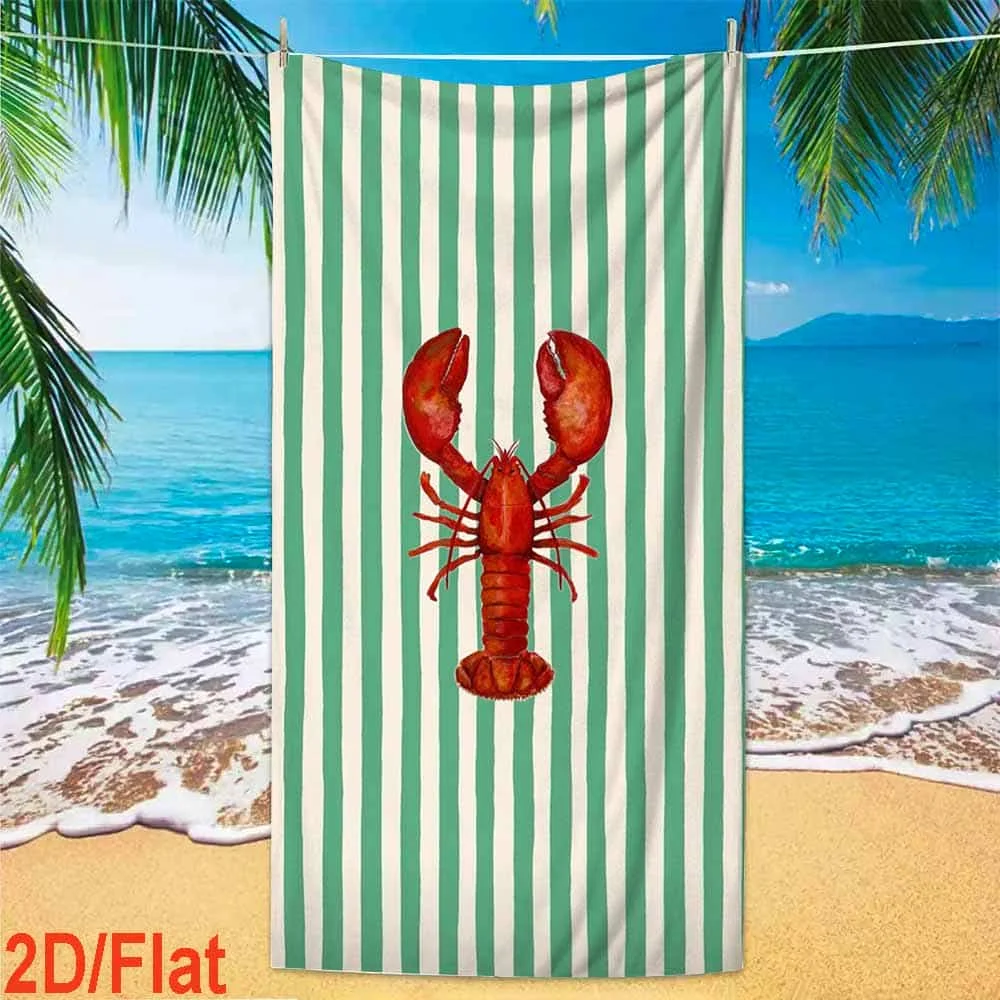 Green White Vertical Stripe Lobster Graphic Quick Dry Beach Towel Portable Super Soft Towel For Beach Swimming Pool Use