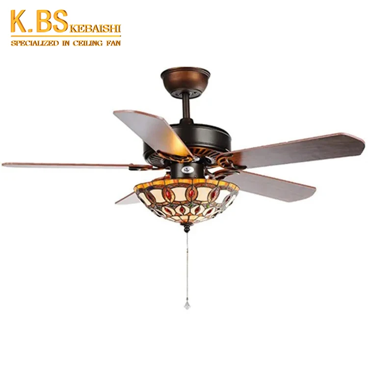 

Tiffany Style Classical Vintage Rustic Decorative Hand Pull Chain Remote Control Ceiling Fan With Light
