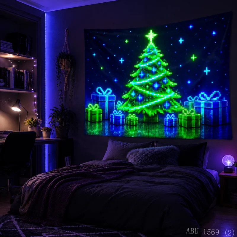 VIKAMA Retro Pixel Style Neon Christmas Tree Gift Box Mirror Christmas Tapestry Wall Hanging Decor for Living Room