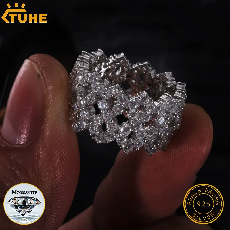 TUHE Unisex Rings Iced Out 8 Shaped Rings S925 Silver Full VVS1 Moissanite For Men Hip Hop Jewelry