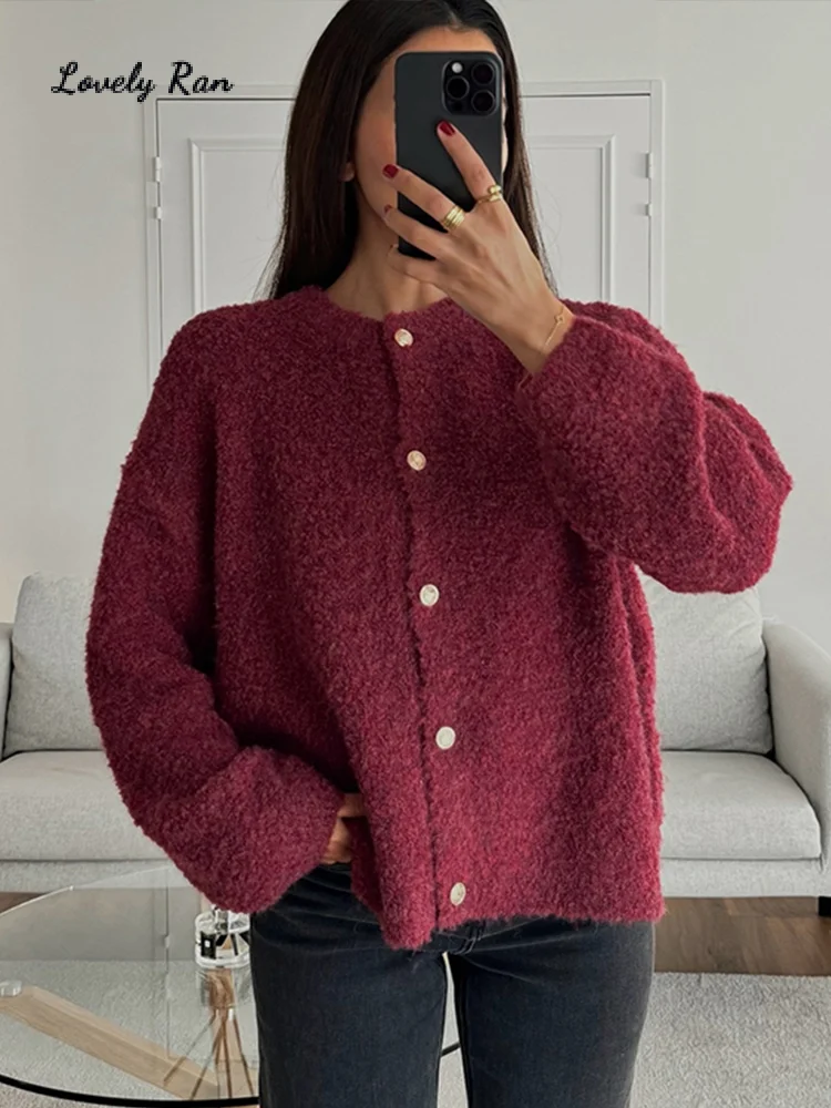 

Preppy Knit Short Cardigans Women Casual O-neck Single Breasted Long Sleeve Fluffy Female Sweaters 2024 Autumn Lady Knitwears