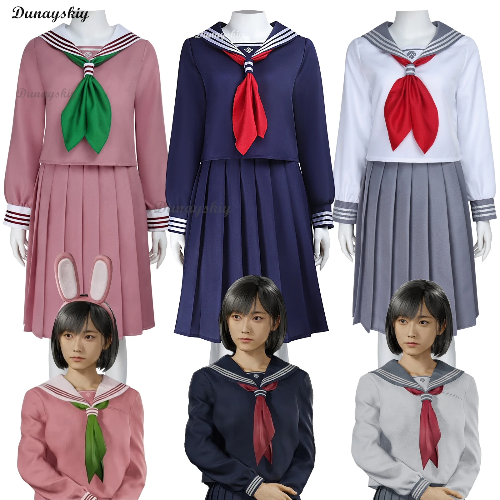 أزياء هيناكو شيميزيو الصامتة التأثيرية للنساء زي مدرسي علوي تنورة ربطة عنق جورب شعر مستعار لعبة هيل الهالوين لعب الأدوار