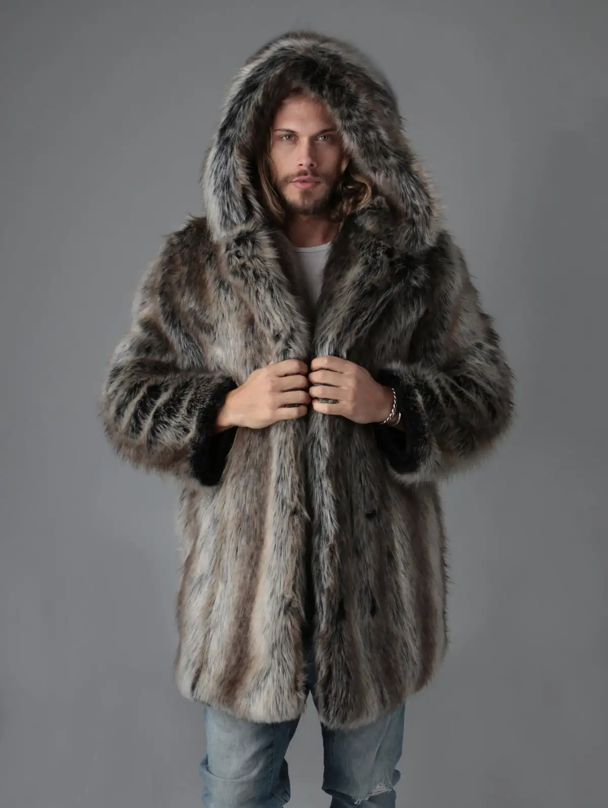 Hot Selling Men's Thick Hooded Personality Winter Mid-Length Coat High Quality Faux Fur Coat