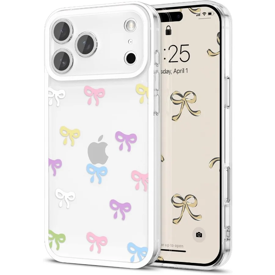 

Чехол для iPhone 17 Pro Max, прозрачный милый чехол с бантом и лентой, эстетичный прозрачный чехол для телефона с приподнятой защитой камеры