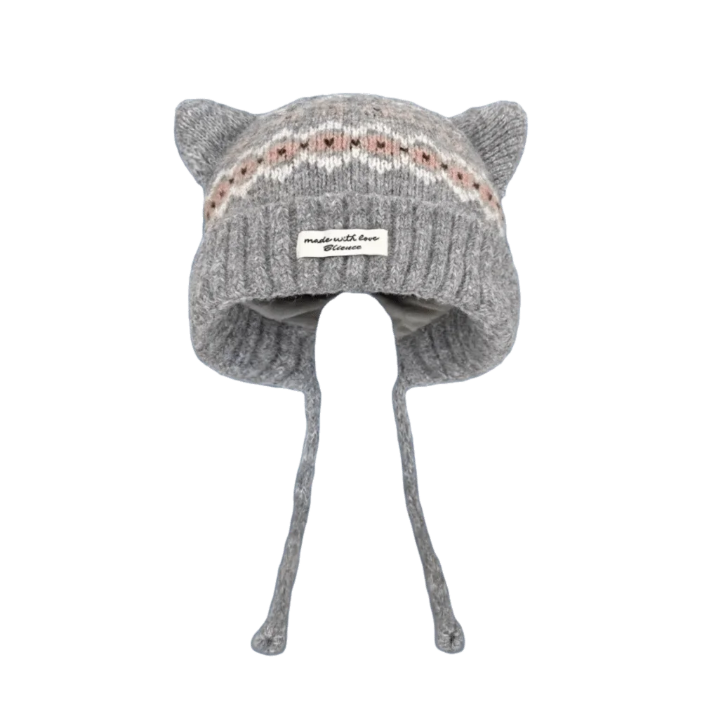 Cat Ear Knitted Woolen Cap Windproof Thickened Strap Beanie Hat Fell Island Style Keep Warm Winter Pullover Hat for Women Girls