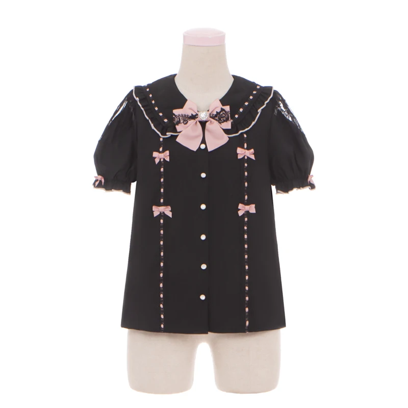 Original japonês minas estilo produzido em massa arco boneca colarinho manga curta único breasted doce versátil camisa superior feminino verão