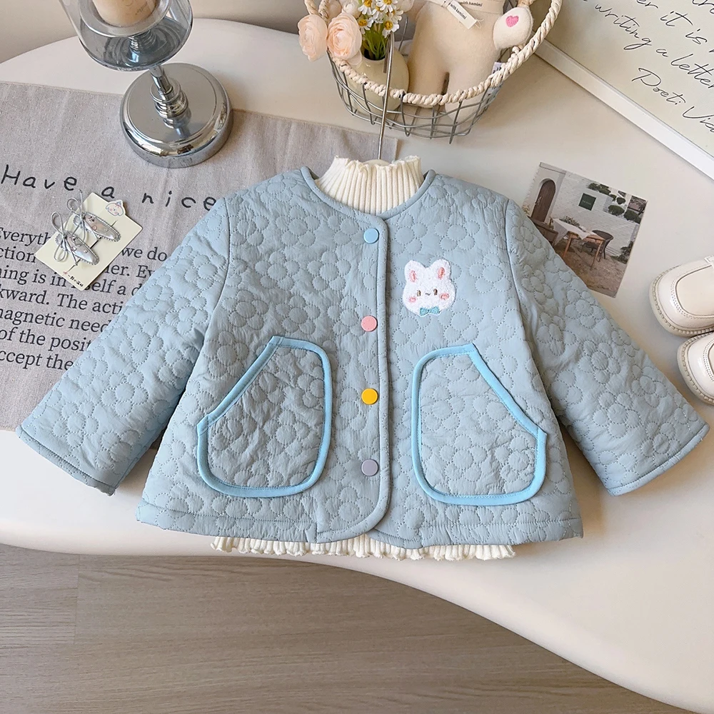 Kids Autumn Winter Light Blue Quilted Coats Warm Velvet Fur Cotton Jackets for Baby Girls Outerwear Children Daily Wear Coat