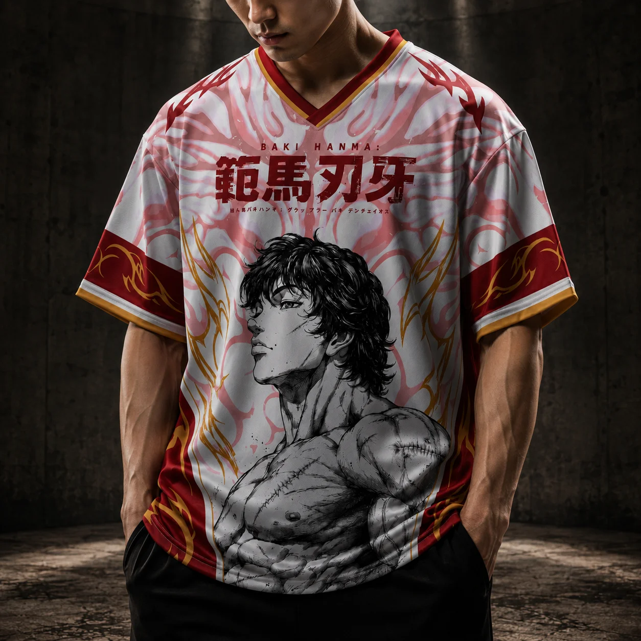 Fan Ma Blade Teeth V-neck Sports Jersey Short Sleeved Men's and Women's Loose Plus Size Japanese Fighting Anime Casual Top