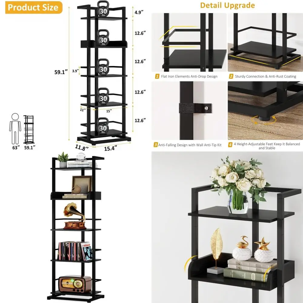 

5-Tier Industrial Style Wood Bookshelf with Metal Edges for Home & Office Storage in Black