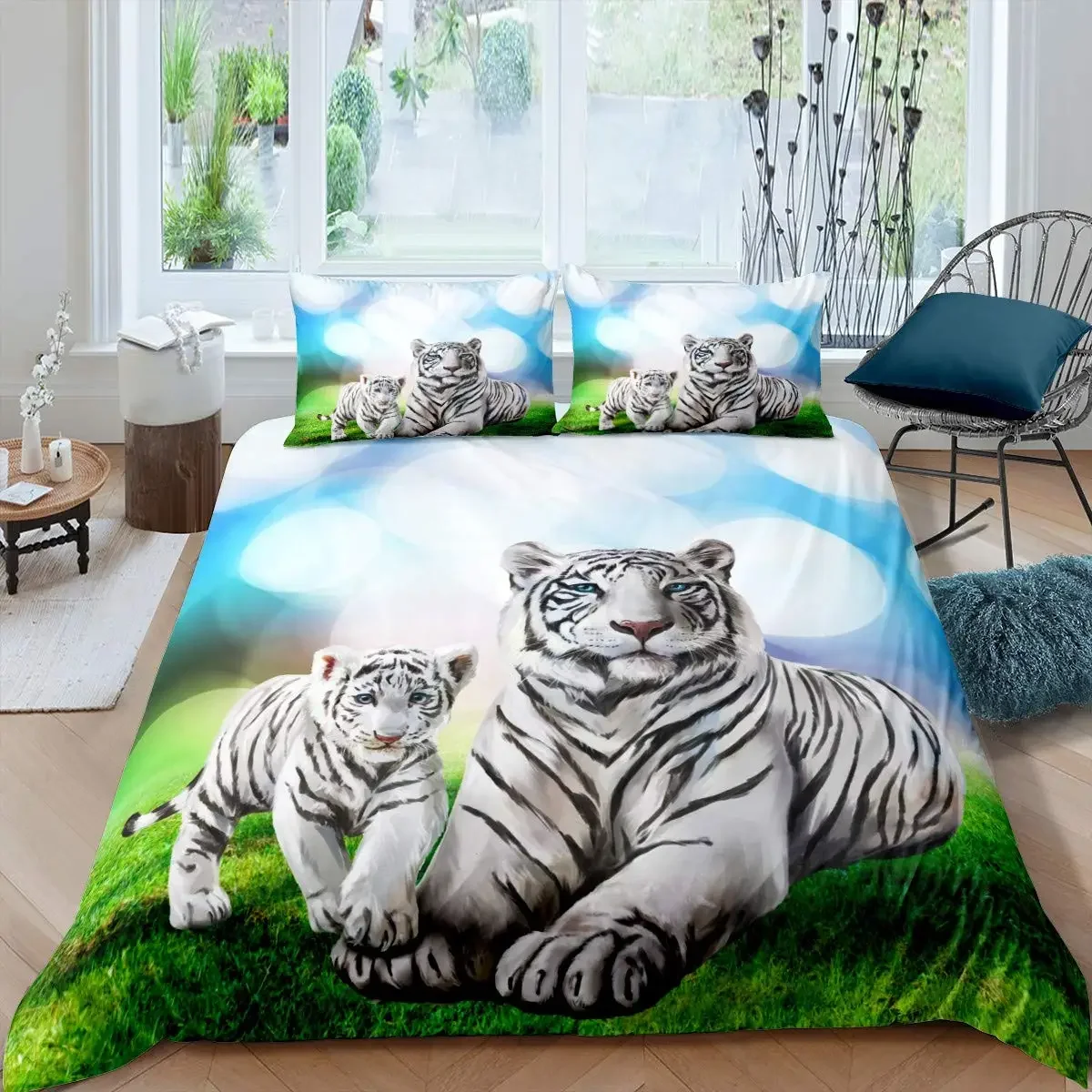 

Tiger Comforter Cover Set 3D Tiger Lying on The Stump Pattern Duvet Cover with Zipper Ties Wild Animal Theme Bedding Set for Kid
