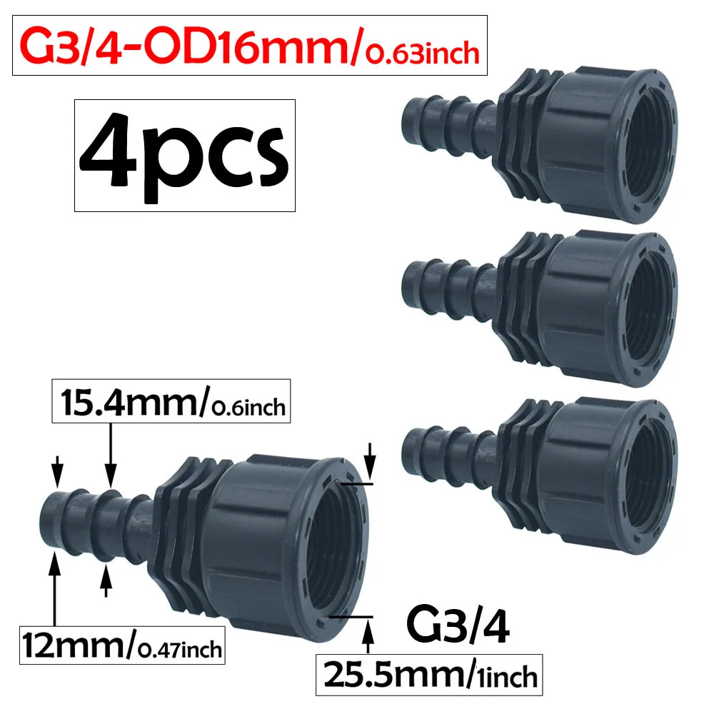 4pcs 1/2 3/4 Female Thread to 16mm 20mm PE Hose Tube Barb Connector Plastic Pipe Fitting Farm Irrigation Joints