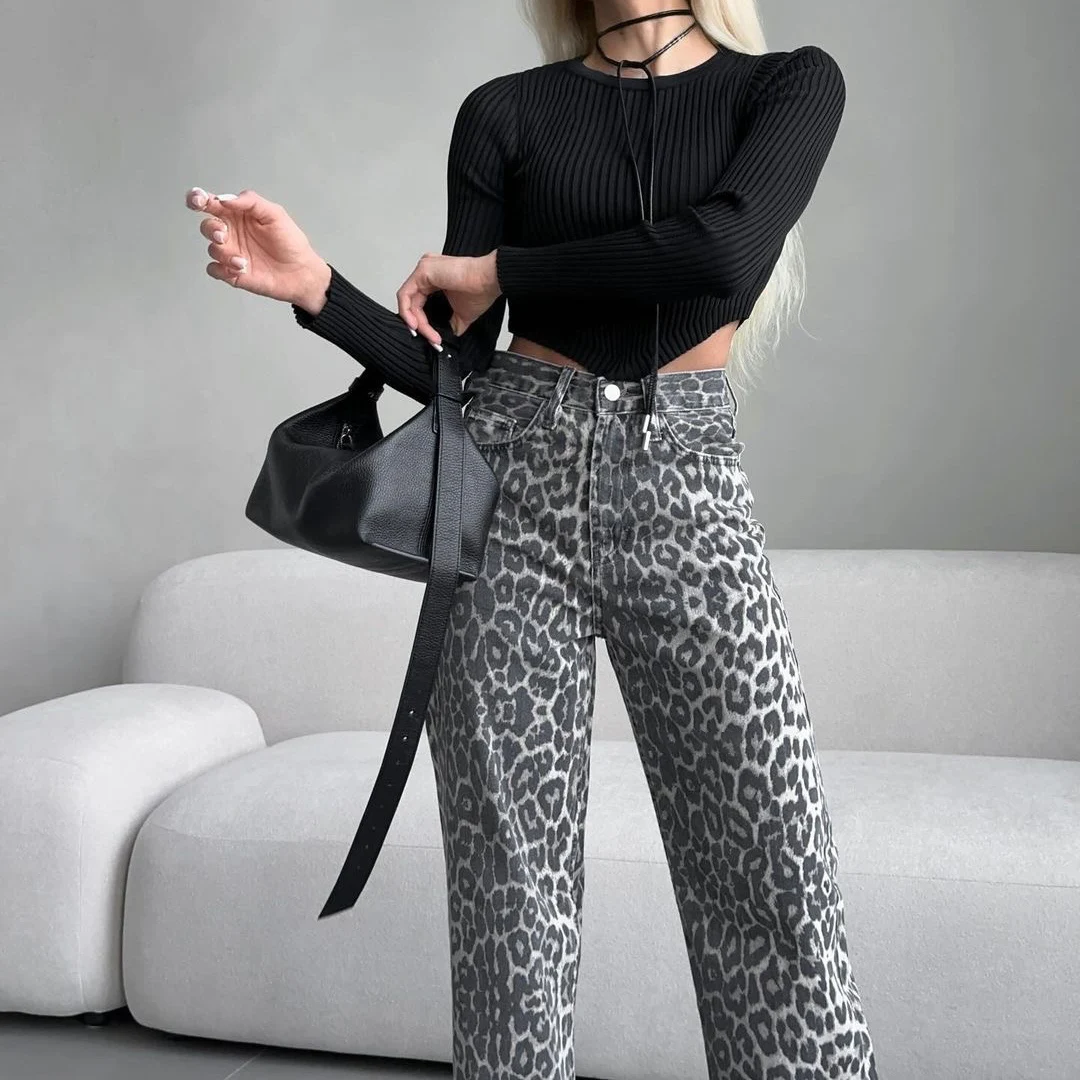 ZEKYE-pantalones vaqueros holgados de leopardo para mujer, Jeans elásticos de cintura alta con botones y pierna recta, moda de primavera y verano, 2024