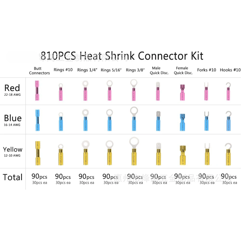 810Pcs Waterproof Heat Shrink Terminal Kit, BHT Ring Spade & Male Female Quick Disconnect Electrical Connectors