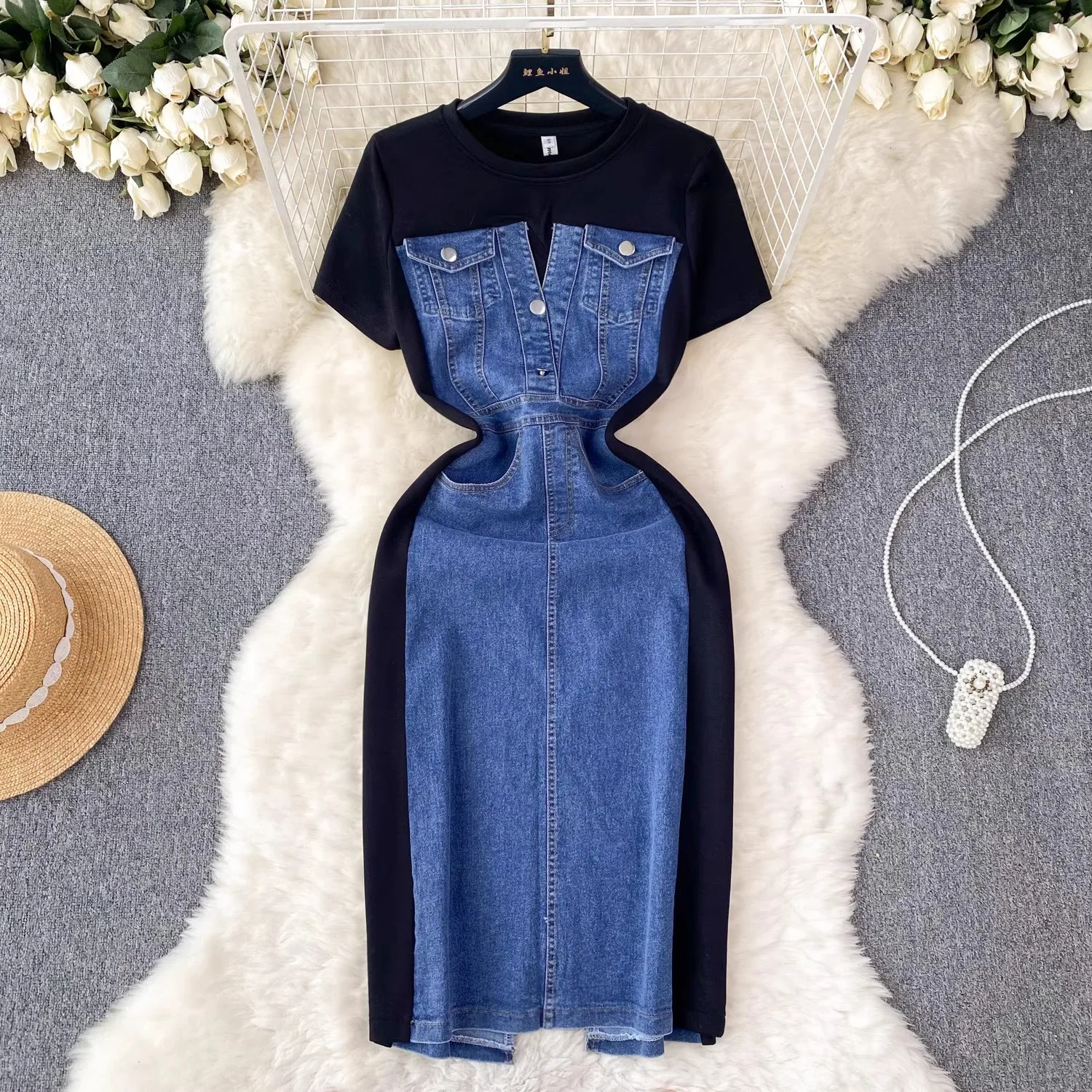 Casual Fake Two Piece Denim Dress Women Spring Summer Short Sleeve Patchwork Long Dress Vestidos