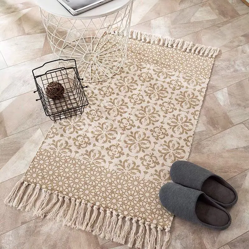 Ethnic Style Woven Linen Cotton Rectangle Rug Mat For Living Room Handmad Small Carpet Bedroom Bedside Foot Pad Rug