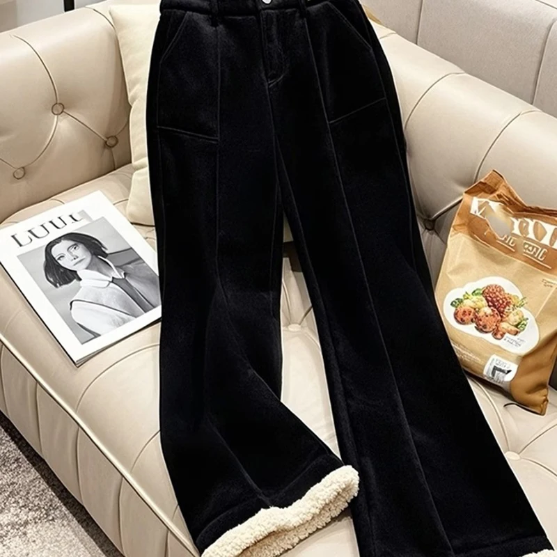 Black Velvet Warm Casual Pants for Women Autumn Winter European New Style Wide Leg Pants Loose Lazy Style High End Pants