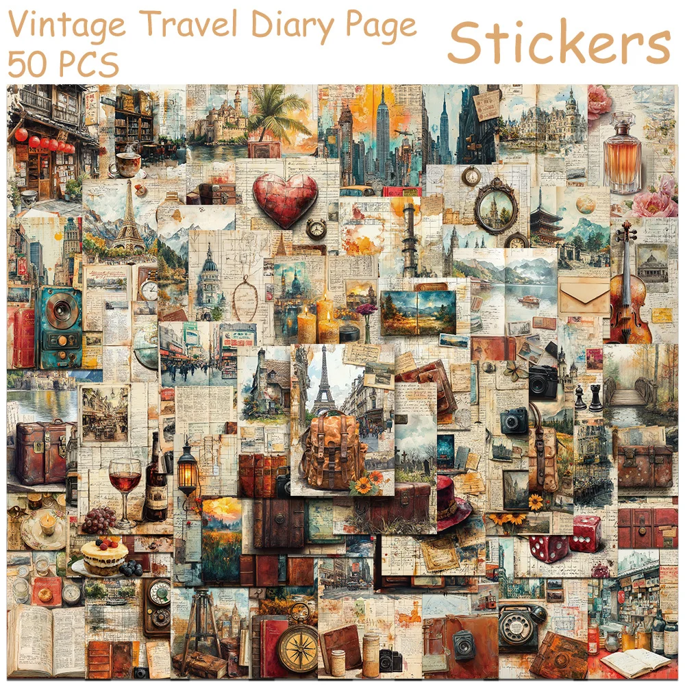 

50pcs Vintage Travel Diary Page Stickers Decals For Laptop Notebook Luggage Skateboard Guitar DIY Aesthetic Waterproof Stickers