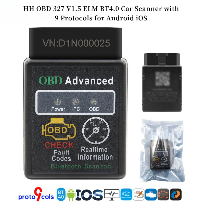 

Автомобильный сканер HH OBD 327 V1.5 ELM BT4.0 с 9 протоколами для Android iOS
