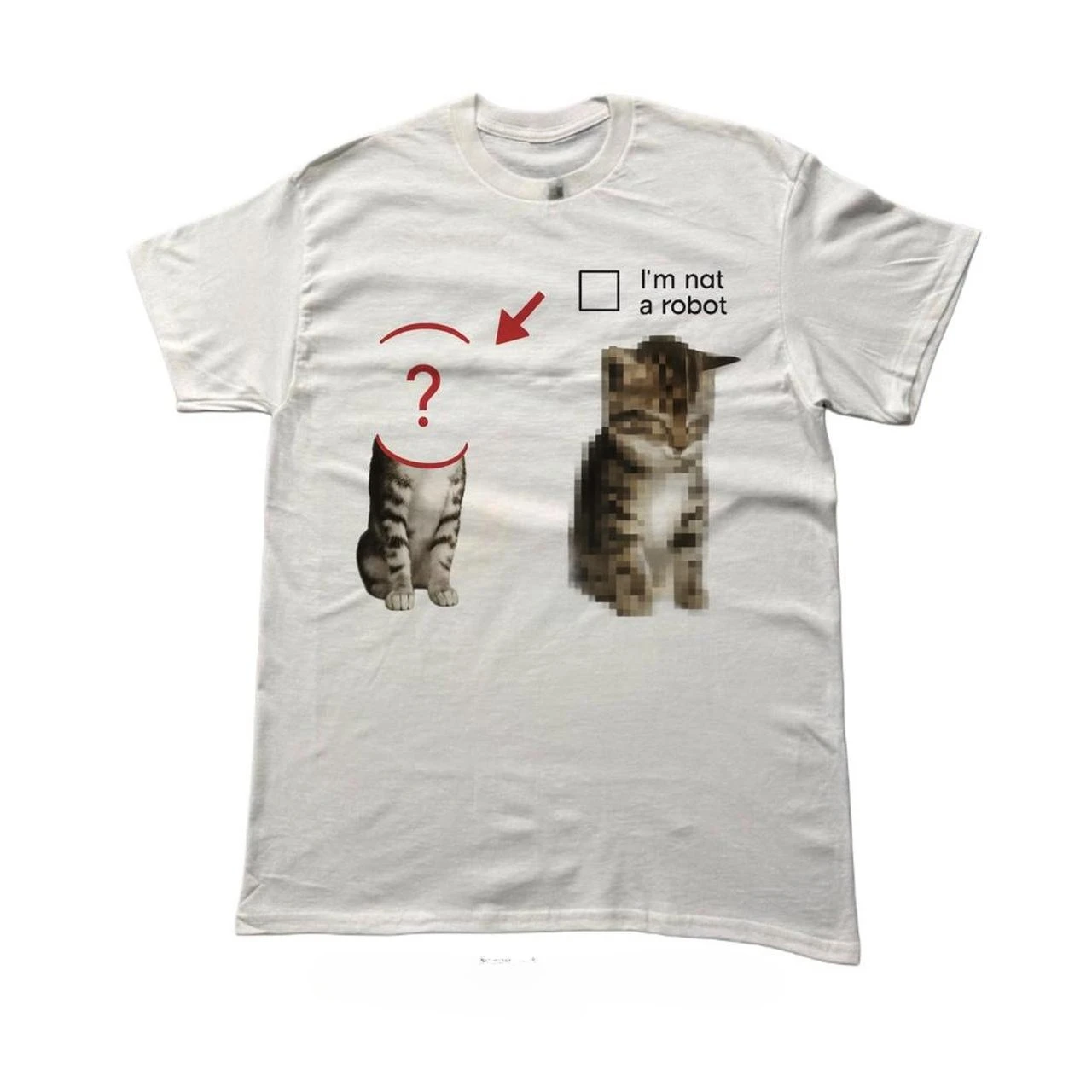 T-shirt with a fun,cartoon kitten print;millennial style,Harajuku style, Y2K grunge rock style; unisex; retro, loose-fit T-shirt