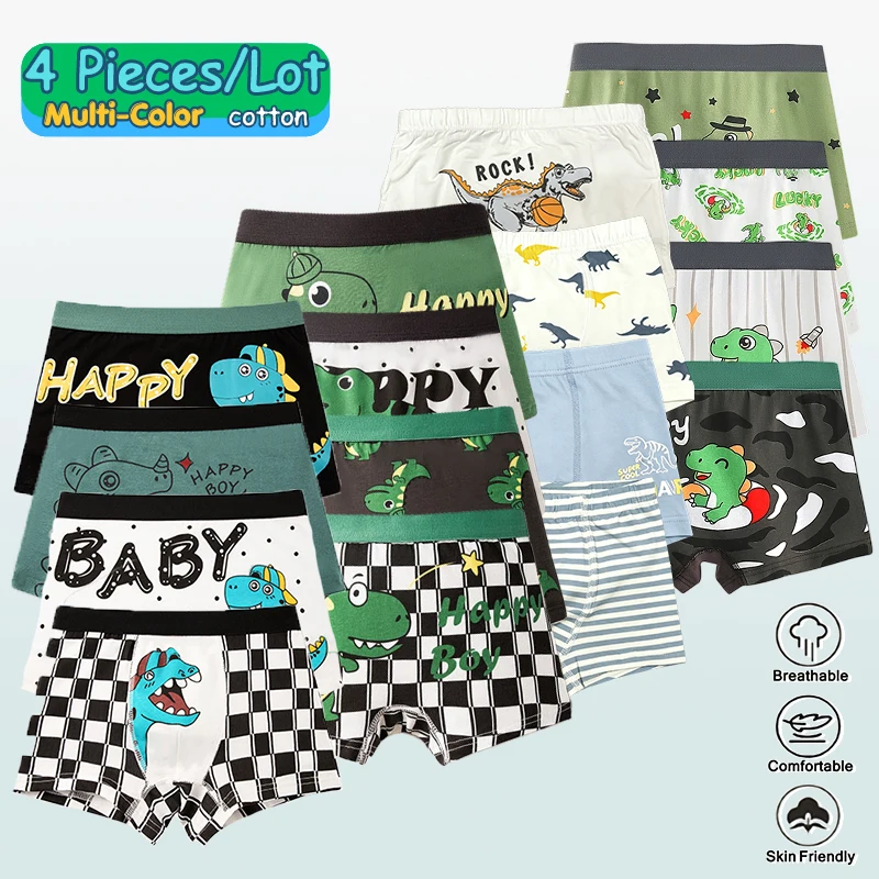 4 Pcs/Lot Boys Cotton Underwear Various Dinosaur Print Boys Boxer Briefs Breathable Elastic Kids Boxers Shorts For 3-14T Boys
