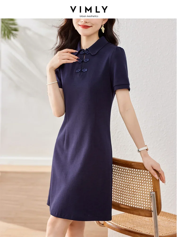 

Vimly Dresses for Women 2023 Summer New Chinese Style Retro Turndown Collar Short Sleeves T Shirt Dress Loose Straight Vestidos