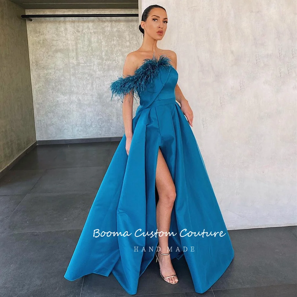 Booma – robe de soirée en Satin bleu paon, longue, sans bretelles, plumes, fente haute, plissée, ligne a, robes de fête formelles