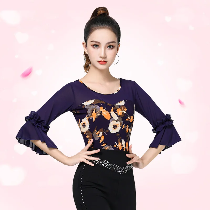 

Flowers Ballroom Standard Tops Women Dance Street Birthday Classical Mesh Patchwork Latin Pants Ruffle Stage Costume Clothing