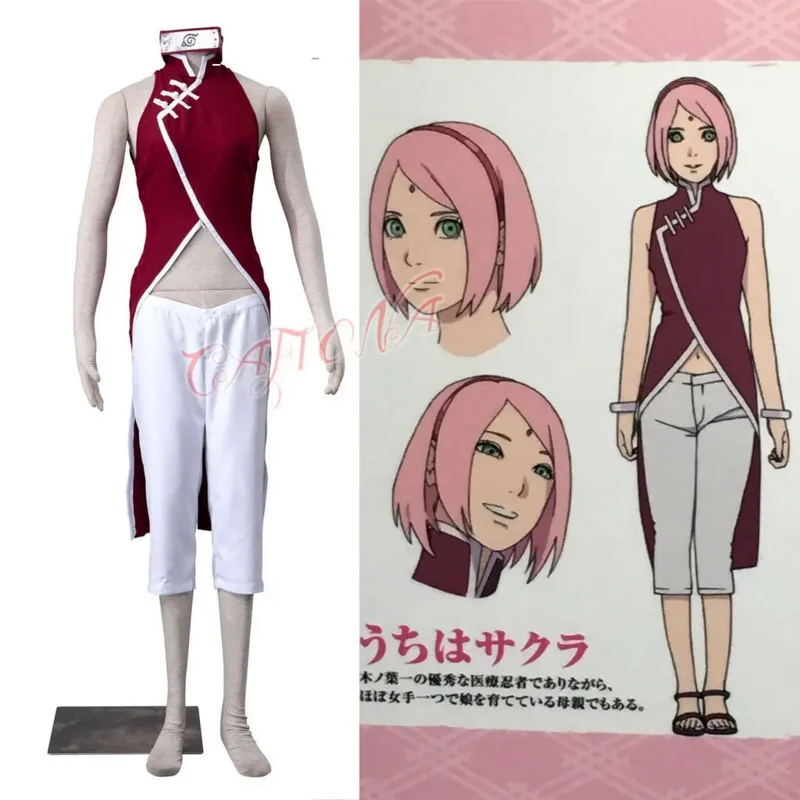 Cafiona Cheap BORUTO Haruno Sakura Cosplay Costume with Headband Sexy Girls Outfit Kids Women Halloween Pluse Size