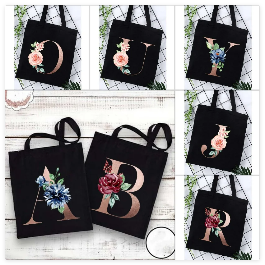 

Black Tote Bag A To Z Letters & Flower Canvas Tote Bag for Wedding Daily Shopping, Commute, Travel, Picnics, Parties and Gifts